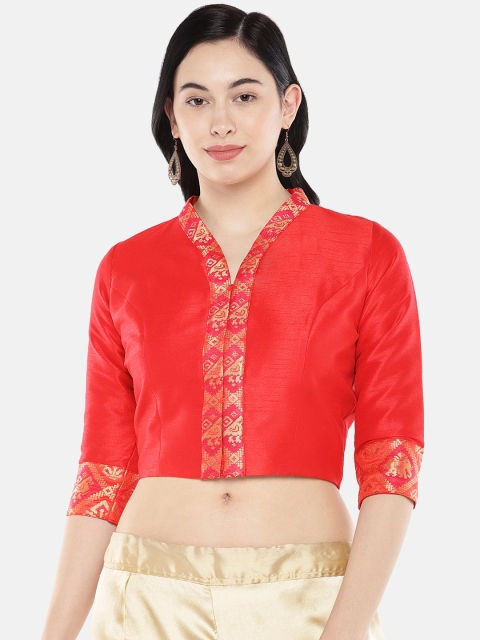 

Just B Women Red Solid Dupion With Brocade Saree Blouse