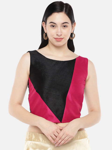 

Just B Women Black & Pink Colourblocked Dupion Non-Padded Saree Blouse