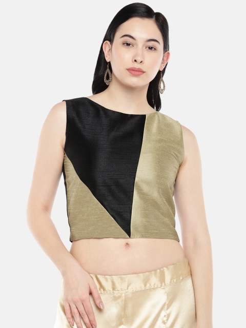 

Just B Women Black & Gold-Coloured Colourblocked Dupion Non-Padded Saree Blouse