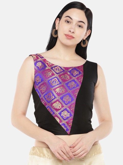

Just B Women Black & Purple Patola Self design Dupion Non-Padded Saree Blouse
