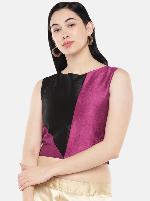 

Just B Women Black & Magenta Colourblocked Dupion Non-Padded Saree Blouse