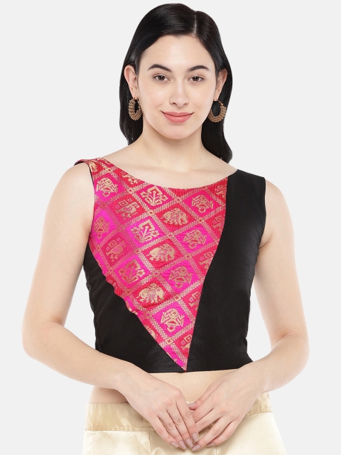 

Just B Women Black & Pink Patola Self design Dupion Non-Padded Saree Blouse