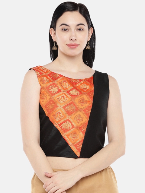 

Just B Women Black & Orange Patola Self design Dupion Non-Padded Saree Blouse
