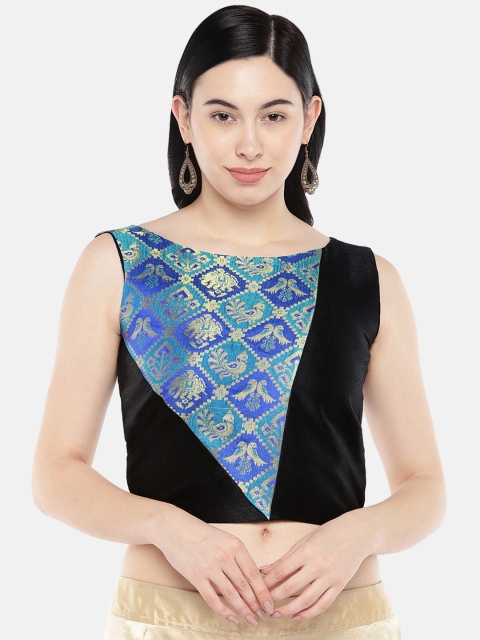 

Just B Women Black & Blue Patola Self design Dupion Non-Padded Saree Blouse