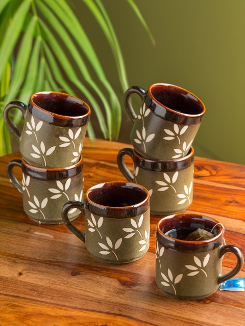 

ExclusiveLane Leaf Sips Set of 6 Brown & Olive Green Hand-Painted Cup Set