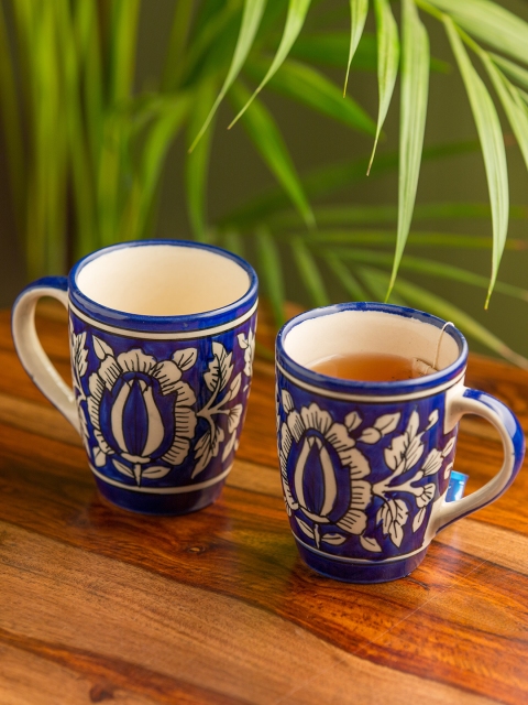 

ExclusiveLane Set of 2 Blue & White Printed Floral Mughal Hand-Painted Studio Pottery Coffee & Tea Mugs