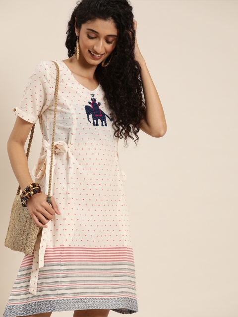 

Taavi Women Off-White & Red Lambani Woven Design A-Line Sustainable Dress With Embroidered Detail