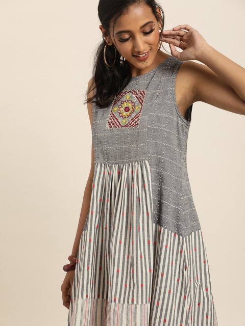 

Taavi Women Grey & Black Lambani Embroidered A-Line Sustainable Dress With Gathers