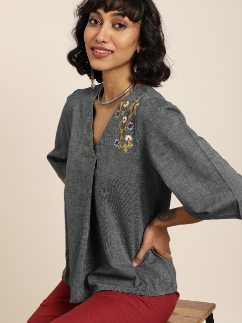 

Taavi Women Navy Blue Lambani Solid Top With Embroidered Detail