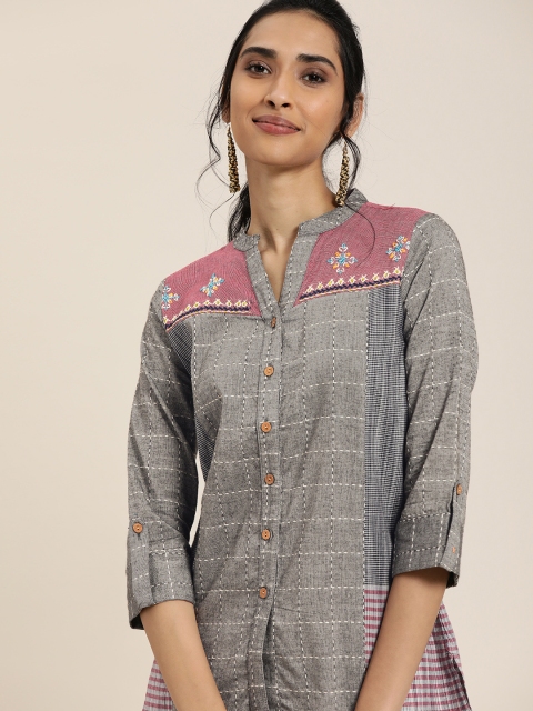 

Taavi Women Grey & White Lambani Checked Shirt Style Sustainable Top With Embroidered Detail