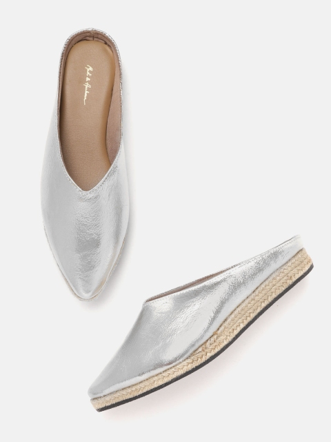 

Mast & Harbour Women Silver-Toned Solid Espadrille Mules