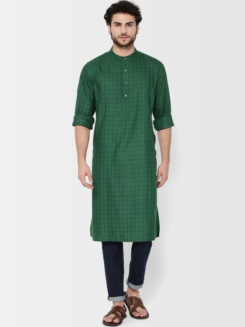 

Fabindia Men Green & Black Checked Comfort Fit Straight Kurta