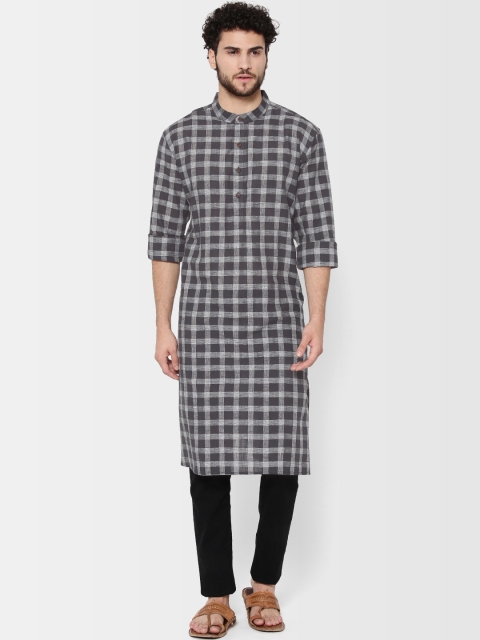 

Fabindia Men Charcoal Grey & Off-White Comfort Fit Checked Straight Kurta