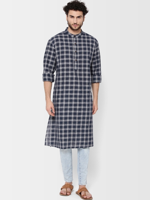 

Fabindia Men Navy Blue & Grey Comfort Fit Checked Straight Kurta