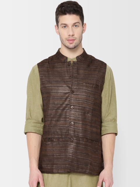 

Fabindia Men Brown Silk Handwoven Self Striped Nehru Jacket