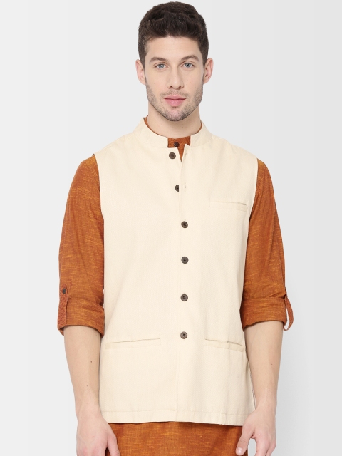 

Fabindia Men Cream-Coloured Twill Weave Woven Design Pure Cotton Nehru Jacket