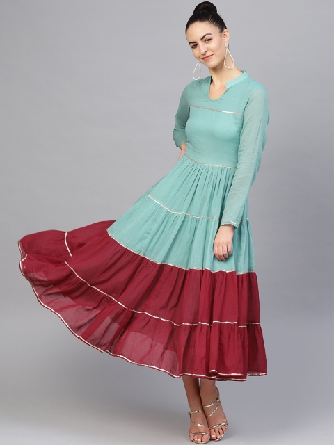 

Geroo Jaipur Green & Maroon Gota Work Pure Cotton Maxi Sustainable Dress