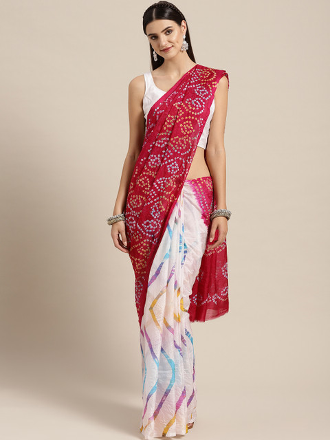 

Geroo Jaipur White & Pink Bandhani & Leheriya Half & Half Saree
