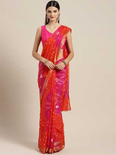 

Geroo Jaipur Orange & Pink Shibori Hand-Dyed Kota Doria Bandhani Saree