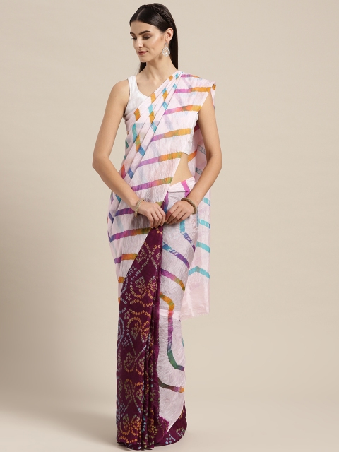 

Geroo Jaipur White & Aubergine Handcrafted Bandhani Dyed Half & Half Leheriya Saree