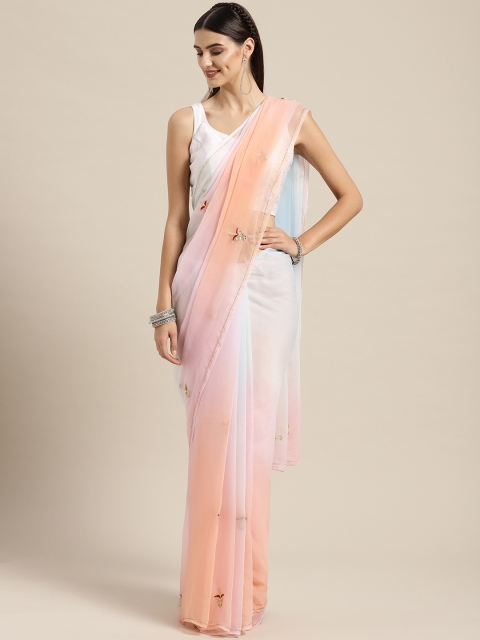

Geroo Jaipur Peach & Blue Aari Hand Embroidered Chiffon Sustainable Saree