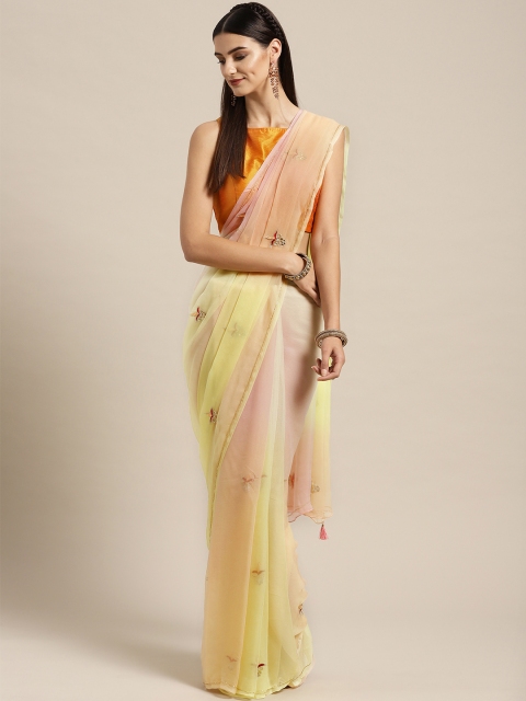 

Geroo Jaipur Peach & Yellow Aari Hand Embroidered Chiffon Saree