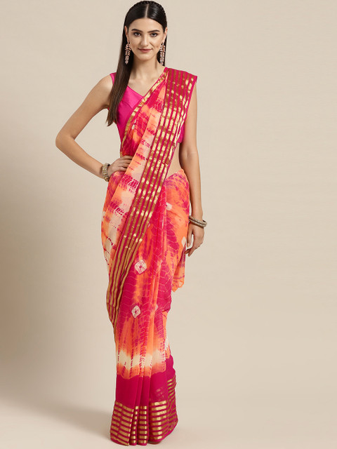 

Geroo Jaipur Peach-Coloured & Pink Shibori Hand-Dyed Handcrafted Bandhani Saree
