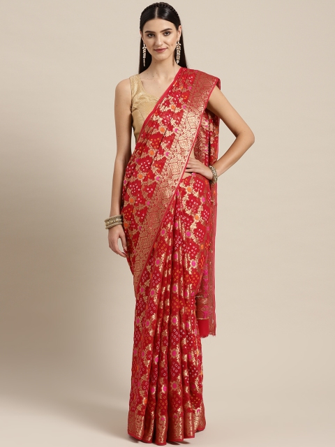 

Geroo Jaipur Red & Golden Hand-Dyed Handcrafted Gharchola Zari Woven Design Bandhani Saree