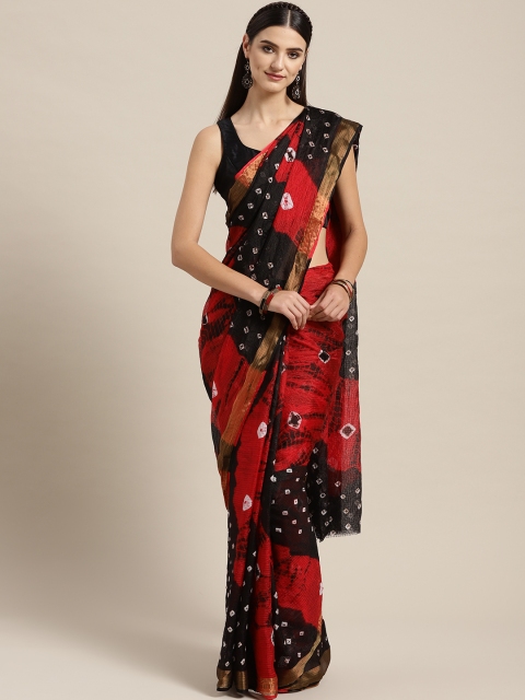 

Geroo Jaipur Red & Black Bandhani Print Handloom Kota Doria Saree