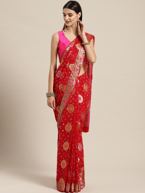 

Geroo Jaipur Red & Golden Hand-Dyed & Handcrafted Gharchola Zari Bandhani Saree