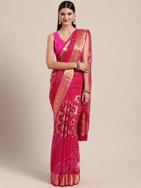 

Geroo Jaipur Pink & Golden Hand-Dyed & Handcrafted Gharchola Zari Bandhani Saree