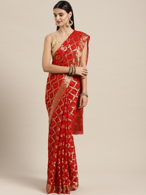 

Geroo Jaipur Red & Golden Hand-Dyed & Handcrafted Gharchola Zari Bandhani Saree