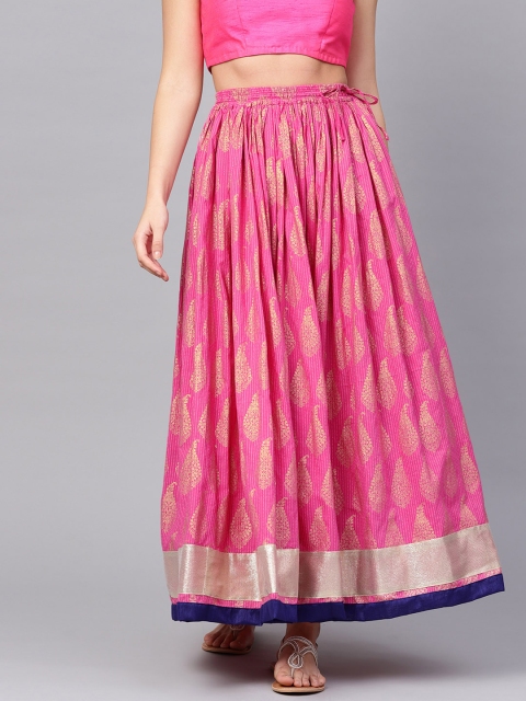 

Geroo Jaipur Women Pink & Golden Hand-Dyed Handcrafted Khari Print Maxi Flared Skirt