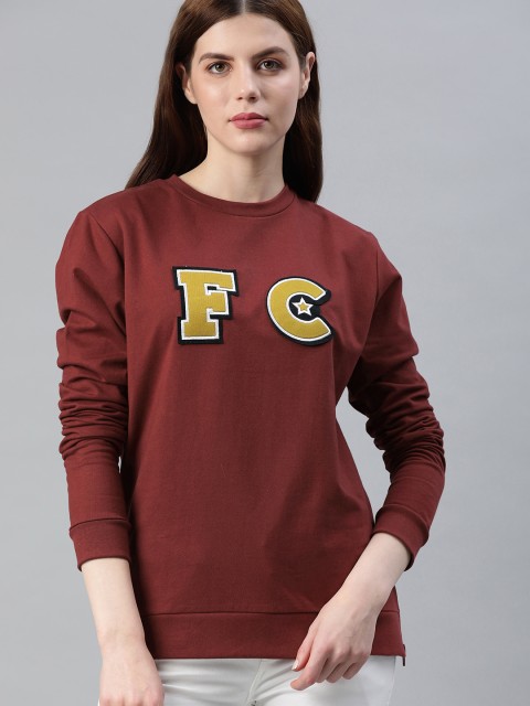 

French Connection Women Maroon Solid Sweatshirt with Applique Detail