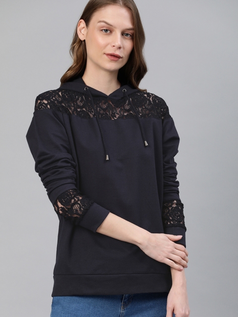 

French Connection Women Navy Blue Solid Lace Detail Hooded Sweatshirt