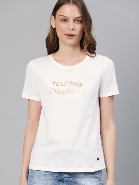 

French Connection Women White Printed Round Neck T-shirt