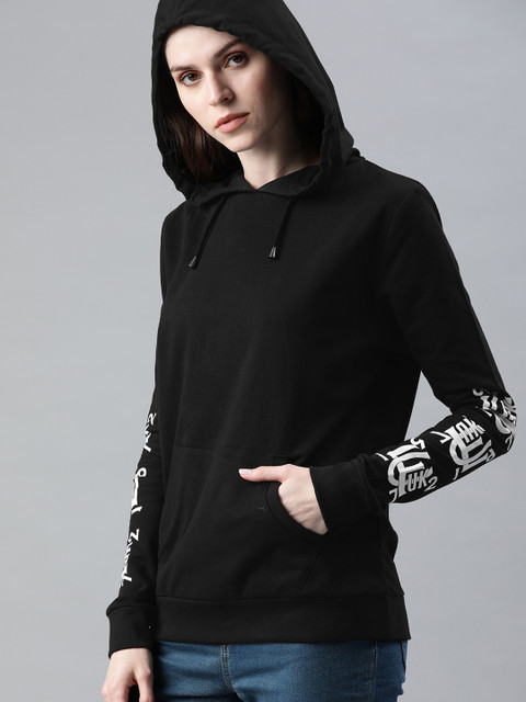

French Connection Women Black Solid Hooded Sweatshirt