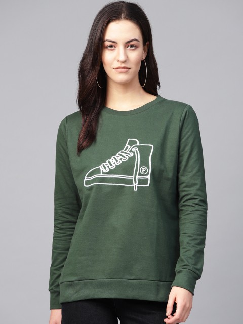

French Connection Women Green & White Embroidered Sweatshirt