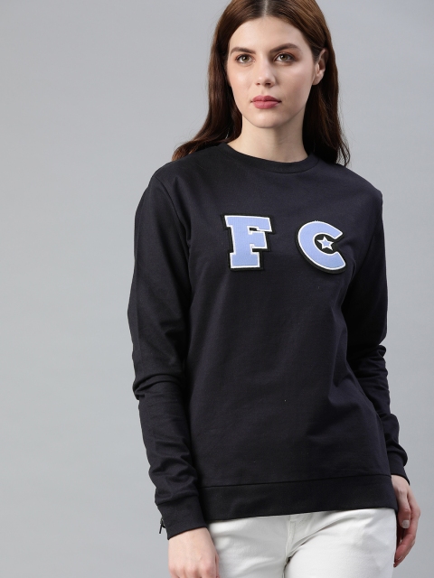 

French Connection Women Navy Blue Solid Sweatshirt with Applique Detail
