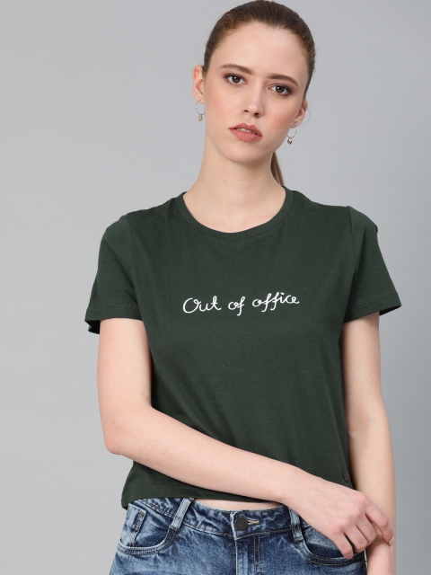 

French Connection Women Teal Green Solid Round Neck T-shirt