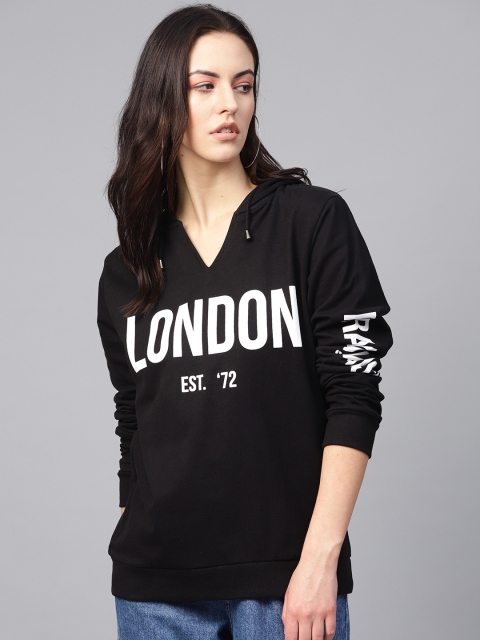 

French Connection Women Black & White Printed Hooded Sweatshirt