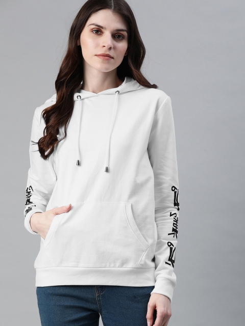 

French Connection Women White Printed Hooded Sweatshirt