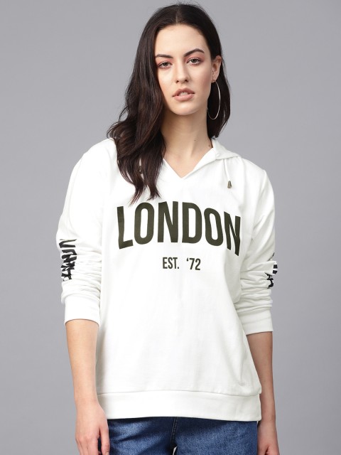 

French Connection Women White & Black Printed Hooded Sweatshirt