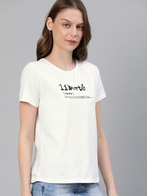 

French Connection Women White Printed Round Neck T-shirt