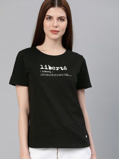 

French Connection Women Black Printed Round Neck T-shirt