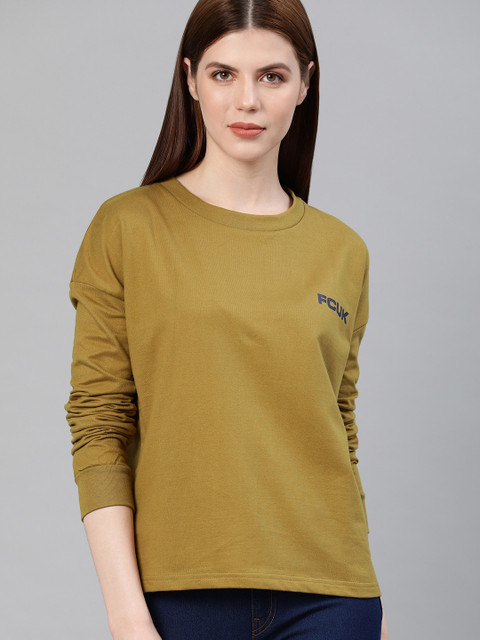 

French Connection Women Olive Green Solid Sweatshirt
