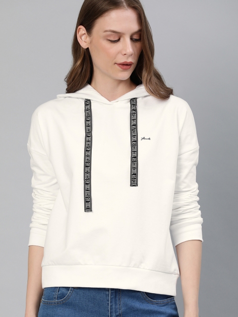 

French Connection Women White Solid Hooded Sweatshirt