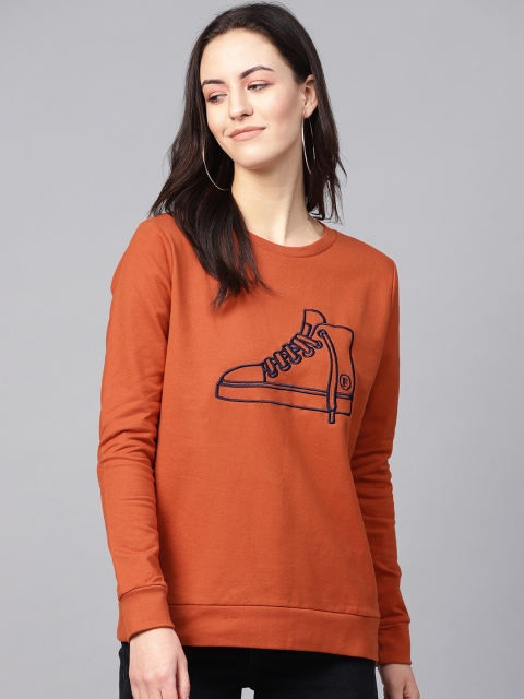 

French Connection Women Rust Orange & Navy Blue Embroidered Sweatshirt