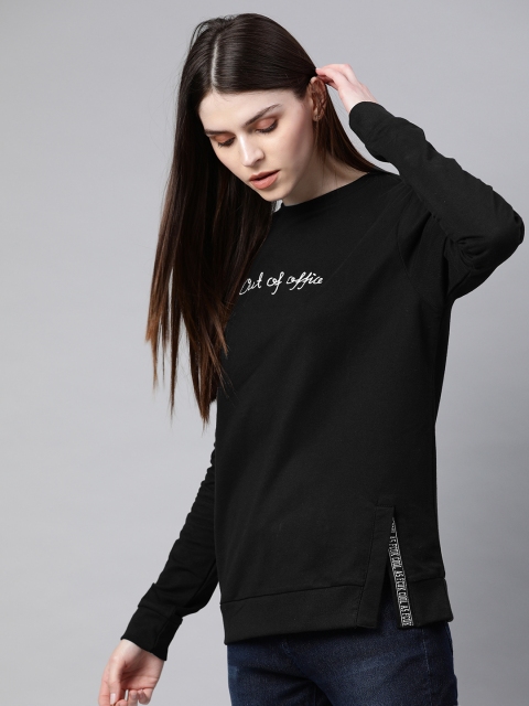 

French Connection Women Black Solid Sweatshirt With Printed Detail