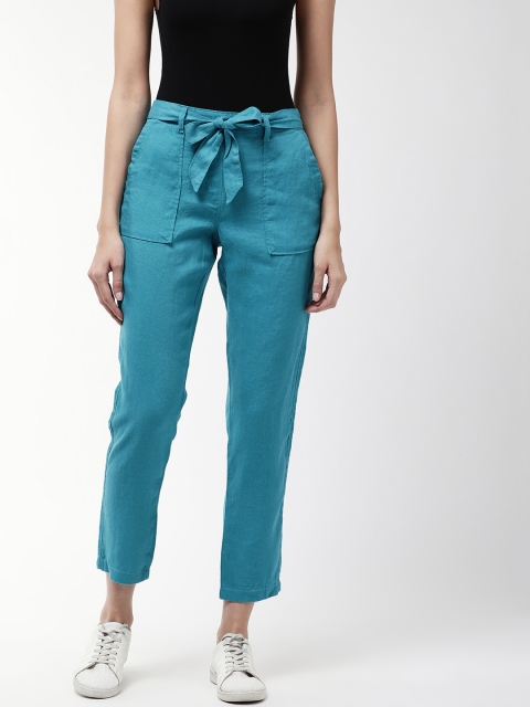 

Marks & Spencer Women Blue Linen Solid Cropped Peg Trousers